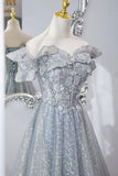 Gray Tulle Lace Long Prom Dresses, A-Line Sequins Evening Dresses HZ0429