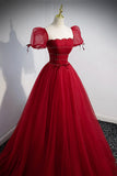 Red Beaded Tulle A-Line Long Formal Dress, Red Prom Dress HZ0429