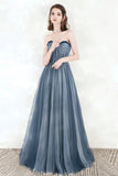 Blue Tulle Strapless Long Prom Dresses, A-Line Formal Evening Dresses HZ0429