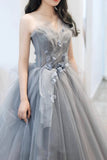 Gray Tulle Long A-Line Prom Dresses, Gray Strapless Evening Dresses HZ0429