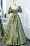 Green Satin A-Line Long Formal Dress, Green Junior Prom Dress HZ0429