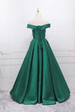 Green Satin Long Prom Dress, Off the Shoulder Evening Party Dress HZ0429