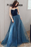 Blue Velvet Tulle Long Formal Evening Dresses, A-Line Graduation Dresses HZ0429