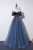 Blue Velvet Tulle Long Prom Dresses, Off the Shoulder Evening Dresses HZ0429