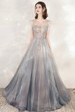 Gray Tulle Beading Long Prom Dresses, A-Line Scoop Neckline Evening Dresses HZ0429