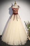 Champagne Tulle Spaghetti Strap Long Prom Dress, A-Line Formal Evening Dress HZ0429