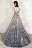 Gray Tulle Beading Long Prom Dresses, A-Line Scoop Neckline Evening Dresses HZ0429
