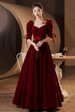 Burgundy Velvet Long Prom Dresses, A-Line Evening Dresses HZ0429