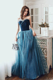 Blue Velvet Tulle Long Formal Evening Dresses, A-Line Graduation Dresses HZ0429