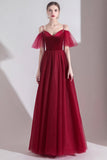 Burgundy Velvet Tulle Long A-Line Prom Dresses, Simple Evening Dresses HZ0429