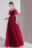Burgundy Velvet Tulle Long A-Line Prom Dresses, Simple Evening Dresses HZ0429