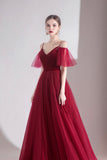 Burgundy Velvet Tulle Long A-Line Prom Dresses, Simple Evening Dresses HZ0429