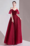 Burgundy Velvet Tulle Long A-Line Prom Dresses, Simple Evening Dresses HZ0429