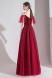 Burgundy Velvet Tulle Long A-Line Prom Dresses, Simple Evening Dresses HZ0429