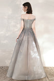 Cute Tulle Sequins Long Prom Dresses, Off the Shoulder Evening Dresses HZ0429
