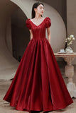 Red V-Neck Satin Long Prom Dress, A-Line Evening Dress HZ0429