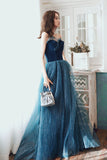 Blue Velvet Tulle Long Formal Evening Dresses, A-Line Graduation Dresses HZ0429