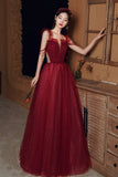 Burgundy Tulle Beaded Long Prom Dress, Off the Shoulder Evening Dress HZ0429