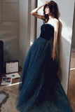 Blue Velvet Tulle Long Formal Evening Dresses, A-Line Graduation Dresses HZ0429