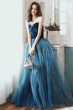 Blue Velvet Tulle Long Formal Evening Dresses, A-Line Graduation Dresses HZ0429