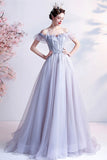 Gray Tulle Off the Shoulder Prom Dress, A-Line Evening Dress HZ0429