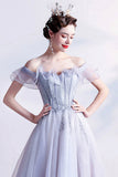 Gray Tulle Off the Shoulder Prom Dress, A-Line Evening Dress HZ0429