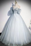 Blue Tulle Long A-Line Prom Dress, Blue Off the Shoulder Evening Dress HZ0429