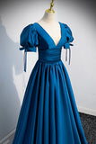 Blue V-Neck Satin Long Prom Dress, Simple A-Line Evening Dress HZ0429