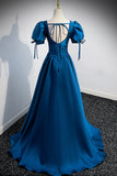 Blue V-Neck Satin Long Prom Dress, Simple A-Line Evening Dress HZ0429