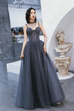 Gray Tulle Beaded Floor Length Prom Dress, A-Line Party Dress HZ0429