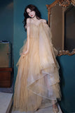 Spaghetti Strap Tulle Sequins Long Evening Dress, A-Line Graduation Dress HZ0429