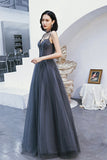 Gray Tulle Beaded Floor Length Prom Dress, A-Line Party Dress HZ0429