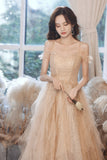 Spaghetti Strap Tulle Sequins Long Evening Dress, A-Line Graduation Dress HZ0429