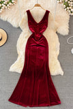 Simple V-Neck Velvet Long Dresses HZ0429