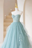 Cute Tulle Strapless Long Prom Dress, A-Line Lace Formal Evening Dress HZ0429