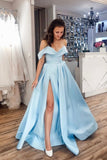 Blue Satin Long Prom Dresses, Off the Shoulder Evening Dresses HZ0429