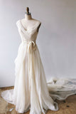 Champagne Chiffon Long Prom Dresses, A-Line V-Neck Evening Dresses HZ0429