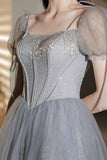 Gray Tulle Beaded Tea Length Prom Dress, A-Line Evening Dress HZ0429