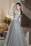 Gray Tulle Beaded Tea Length Prom Dress, A-Line Evening Dress HZ0429
