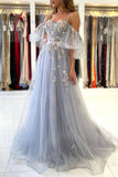 Gray Spaghetti Strap Long Prom Dresses, A-Line Off the Shoulder Party Dresses HZ0429