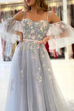 Gray Spaghetti Strap Long Prom Dresses, A-Line Off the Shoulder Party Dresses HZ0429
