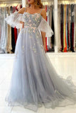 Gray Spaghetti Strap Long Prom Dresses, A-Line Off the Shoulder Party Dresses HZ0429