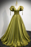 Green V-Neck Long Prom Dresses, A-Line Evening Dresses HZ0429