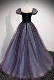 Purple Velvet Tulle Long Prom Dresses, A-Line Evening Dresses HZ0429