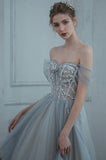 Gray Tulle Beaded Long Prom Dress, A-Line Off the Shoulder Evening Dress HZ0429