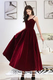 Burgundy Velvet A-Line Prom Dresses, Burgundy Evening Dresses HZ0429