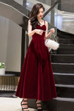 Burgundy Velvet A-Line Prom Dresses, Burgundy Evening Dresses HZ0429