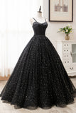 Black Tulle Long A-Line Long Prom Dresses, Black Evening Party Dresses HZ0429