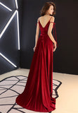 Burgundy Velvet Long Prom Dresses, Spaghetti Strap Evening Dresses HZ0429