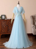 Blue V-Neck Lace Long Prom Dresses, A-Line Evening Dresses HZ0429